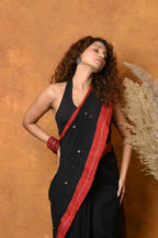 Very Much Indian Pure Cotton Handloom Saree with Buttis & Sleek Border - Black | Grocsy