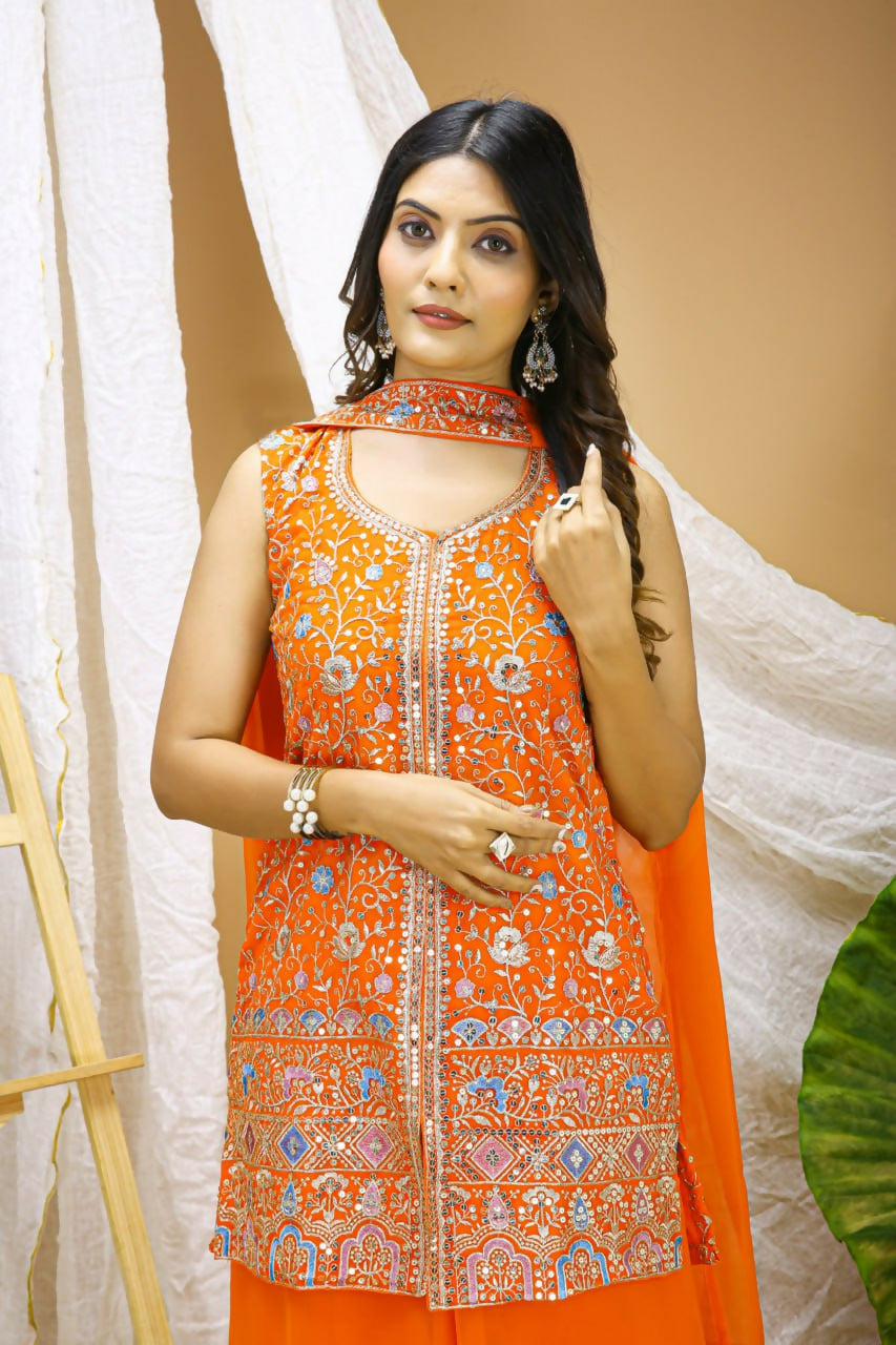 Joban Fashion Orange Georgette Embroidered Sharara Set | Grocsy