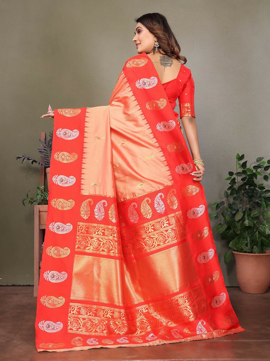 Joban Fashion Banarasi Peach Butti Soft Silk Saree | Grocsy
