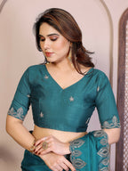 Teeya Creation New Trendy Party Wear Soft Satin Chiffon Saree-Teal | Grocsy