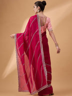 Pink Muslin Embroidered Saree with Unstitched Blouse Piece - Satya | Grocsy