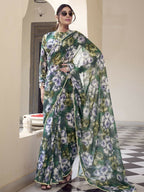 Vastranavya Green Weightless Marble Printed & Pearl Lace Border Saree with Unstitched Blouse | Grocsy