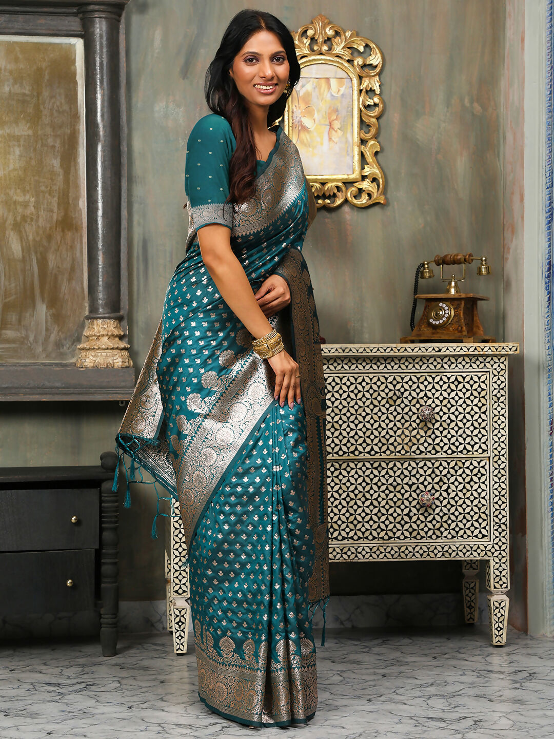 Shree Shyam Fashion Banarasi Silk Sea Green Saree | Grocsy