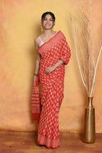 Very Much Indian Handblock Printed Cotton Saree With Natural Dyes - Orange | Grocsy
