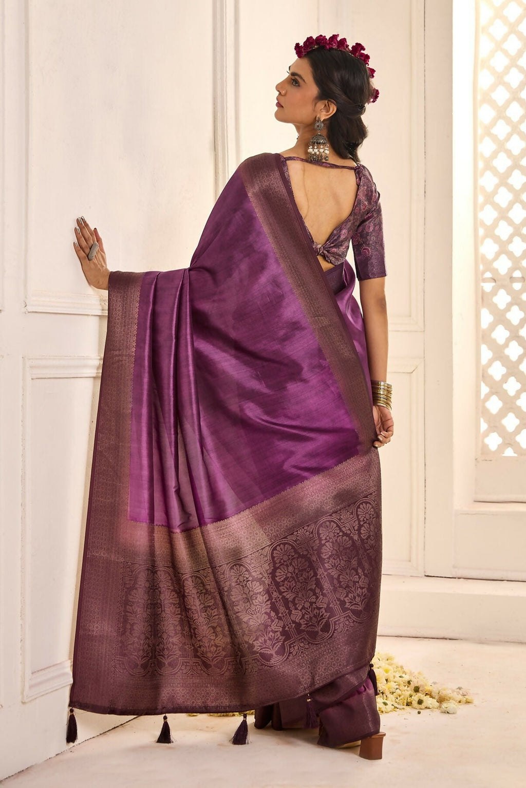 Joban Fashion Satin Silk With Zari Border Purple Colored Designer Pallu Saree | Grocsy
