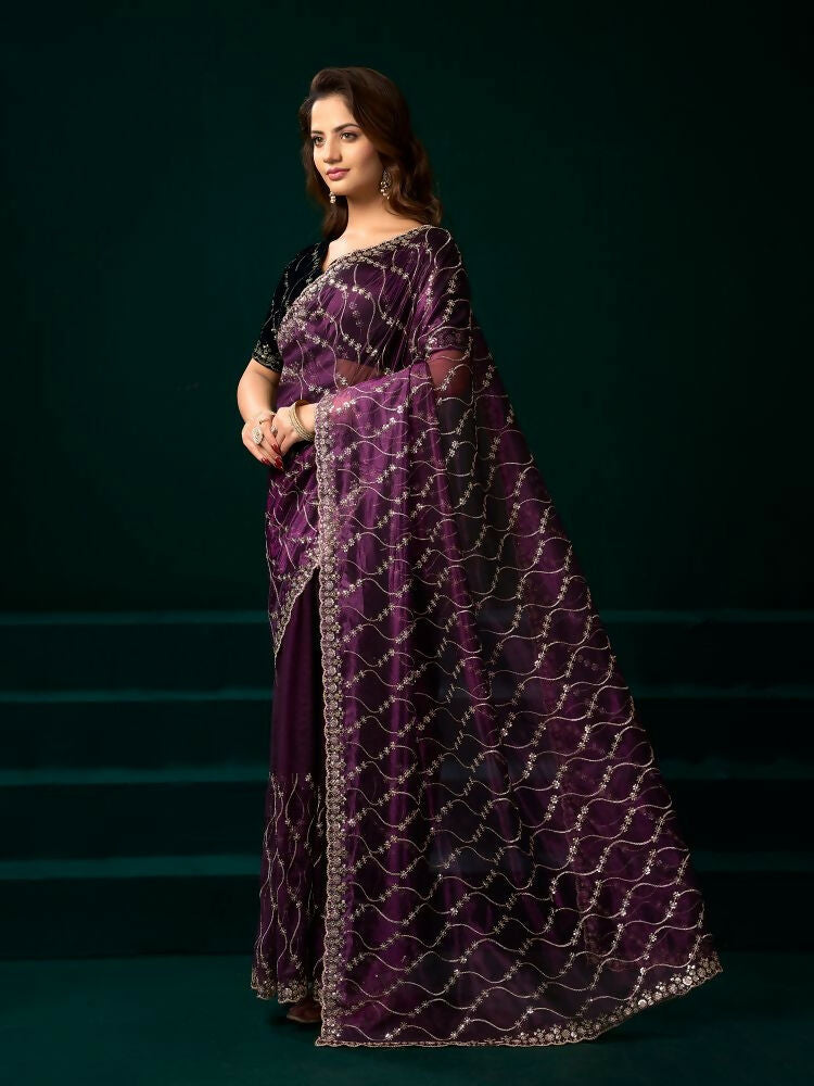 Joban Fashion Wine Net Party Wear Sarees | Grocsy
