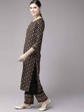 Yufta Women Black & Golden Handblock Printed Kurta with Trouser | Grocsy