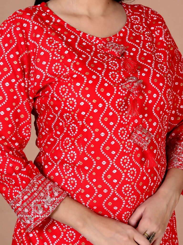 Miravan Women's Festive Wear Red Bandhani Printed Straight Kurta | Grocsy