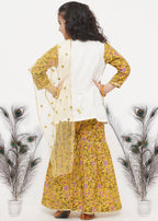 Little Bansi Girls Cotton Embroidery Kurta with floral sharara with Dupatta - White & Yellow | Grocsy