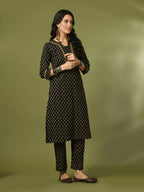 Myshka Women's Black Printed Cotton Straight Party Kurta Set | Grocsy