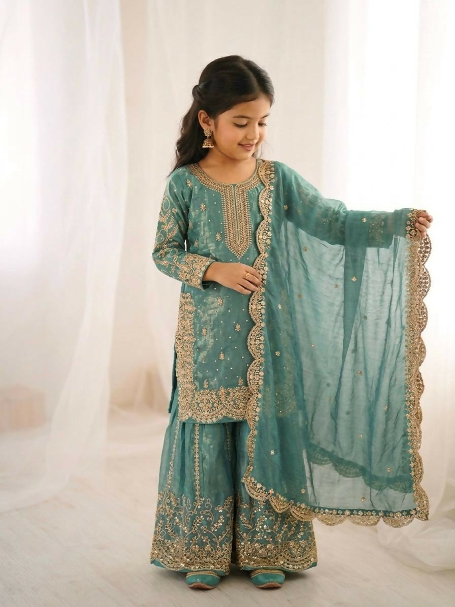 Teeya Creation New Trendy Fully Stitched Ready to Wear Kids Kurta Palazzo Set-Blue | Grocsy