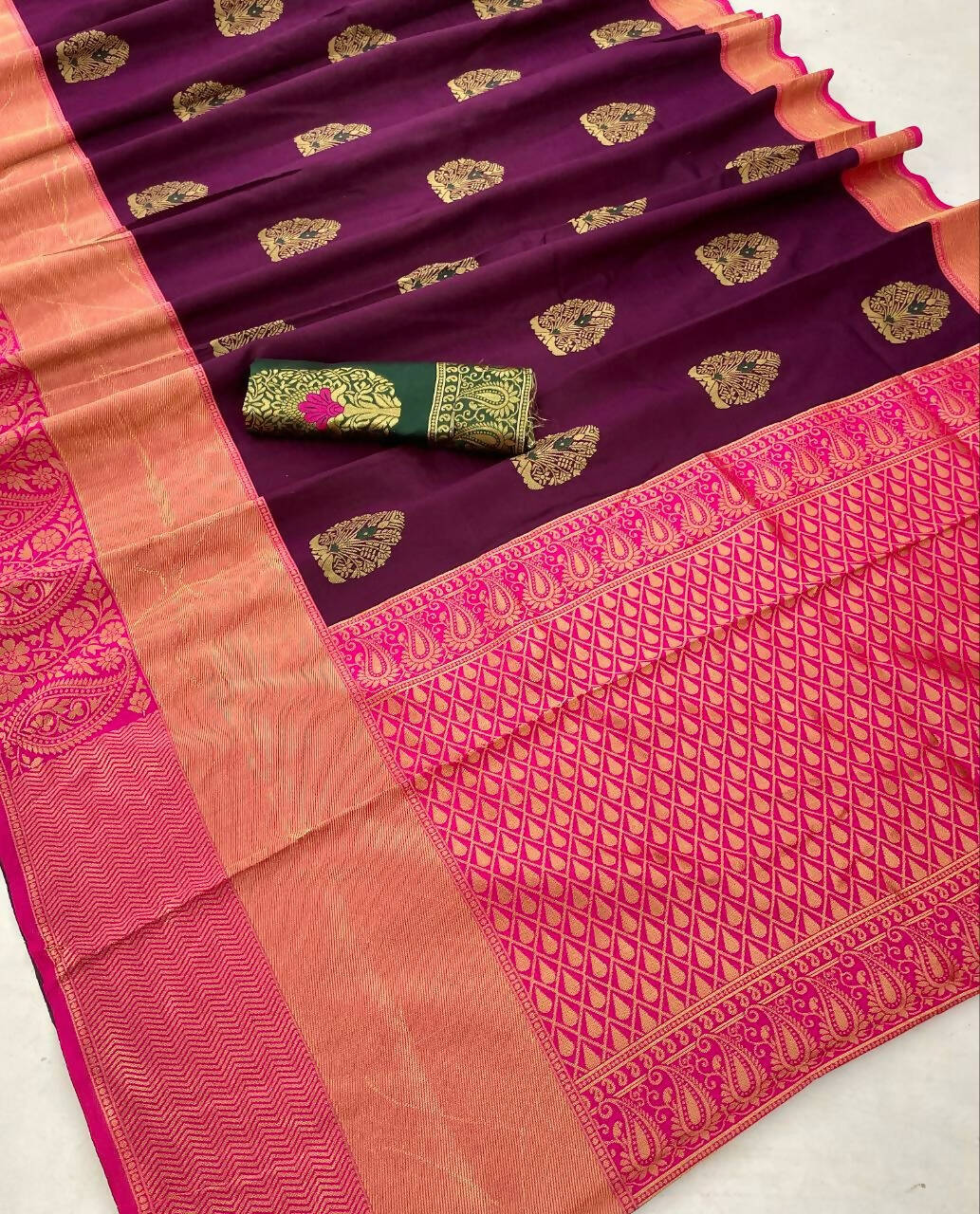 DEIANA'S Beautiful Designer Golden zari Soft Lichi Silk Saree - Wine | Grocsy