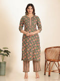 Aramya Green Kantha Cotton Floral Print Straight Kurta Set for Women | Grocsy