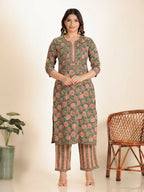 Aramya Green Kantha Cotton Floral Print Straight Kurta Set for Women | Grocsy