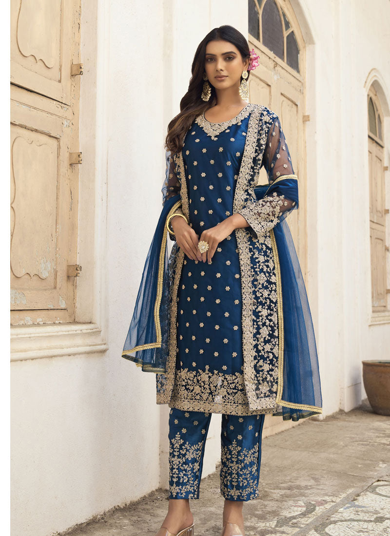 Vegaa Fashion Navy Blue Net Embroidered Pakistani Salwar Kameez | Grocsy