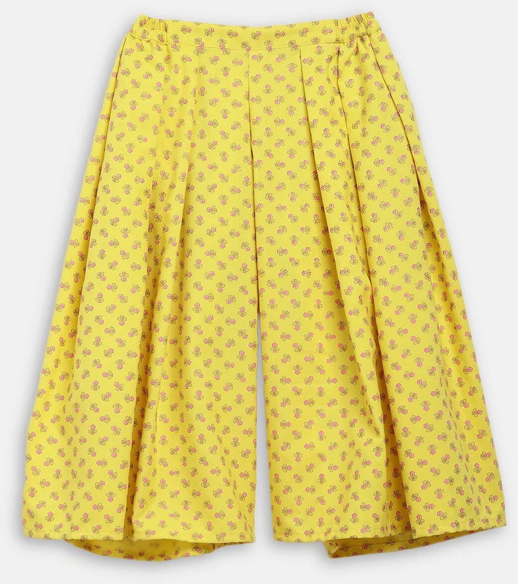 Ahalyaa Yellow Viscose Rayon Printed Kids Top & Palazzo Sets With Jacket For Girls | Grocsy
