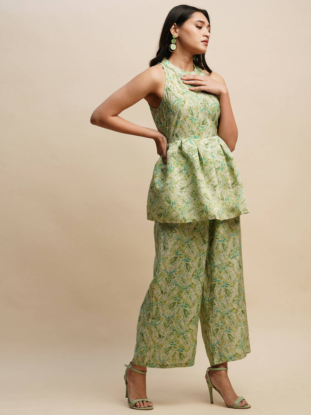 Green Poly Rayon Floral Printed Top with Matching Trouser - Shivani | Grocsy