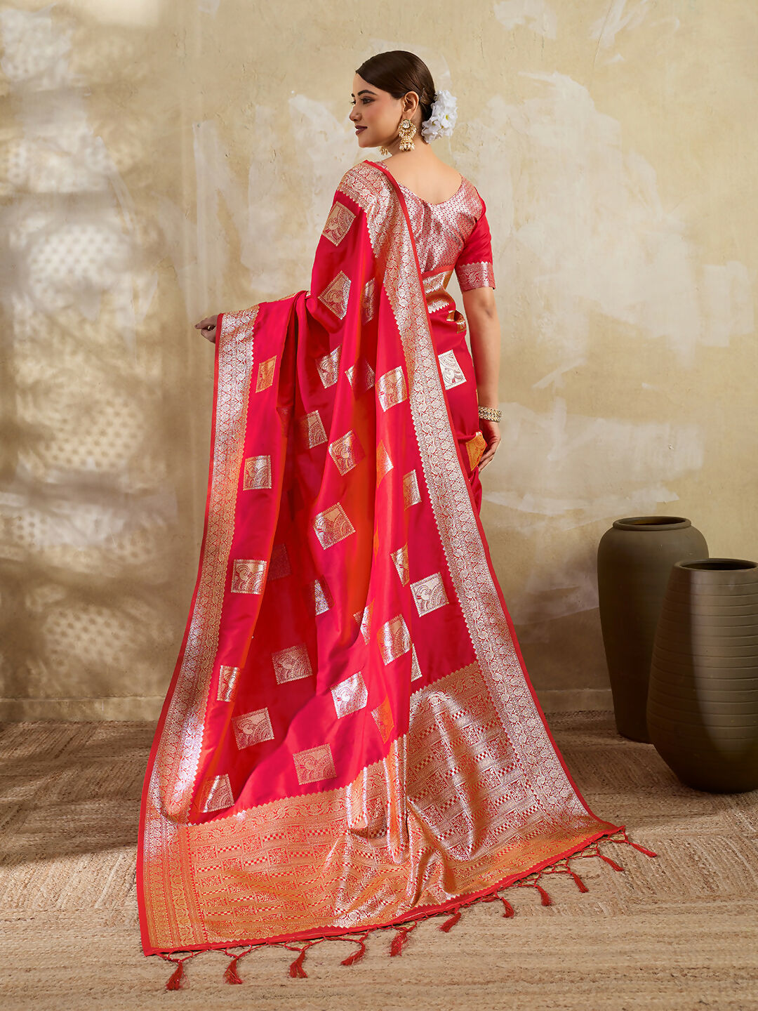 Shree Shyam Fashion Red Silk Blend Saree | Grocsy