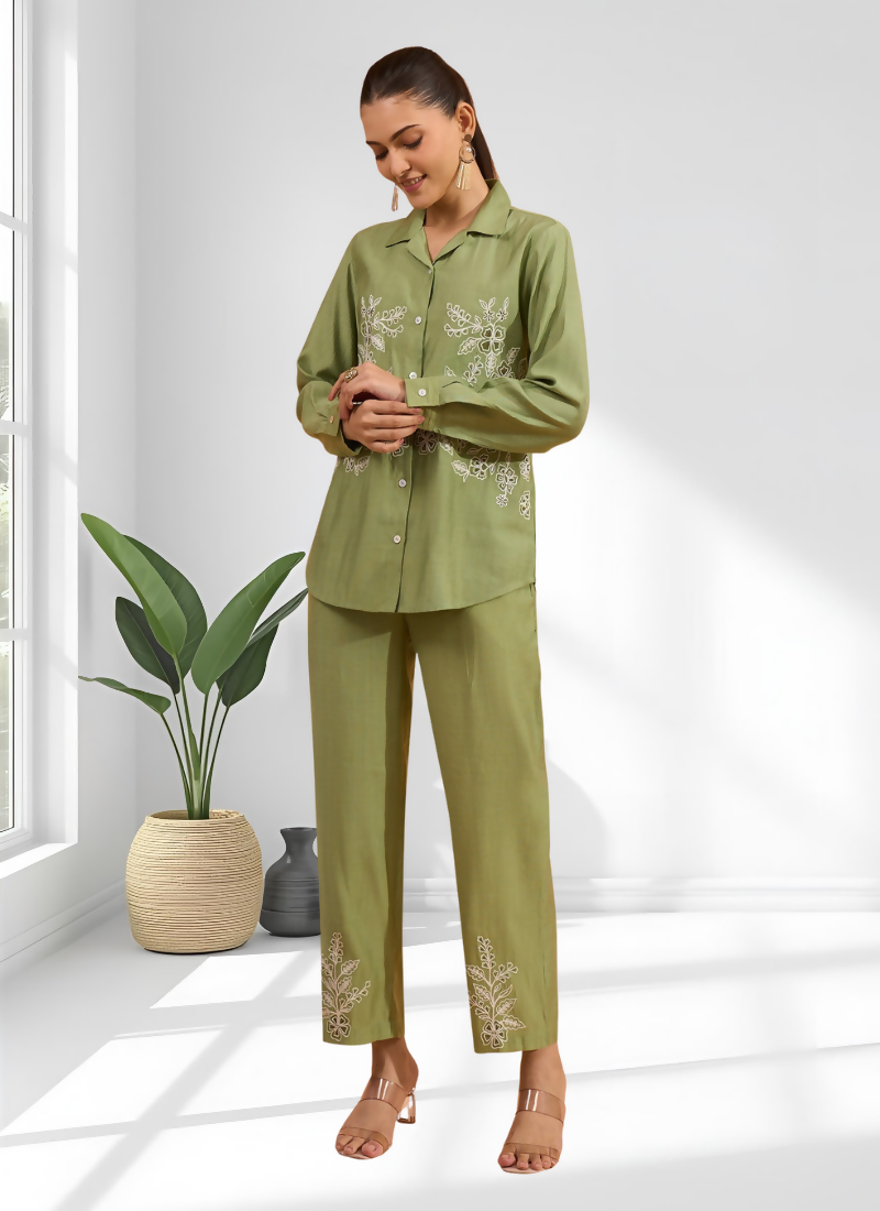 Joban Fashion Green Silk Embroidered Readymade Cord Set | Grocsy