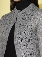 Women Self Design Long Grey Acrylic Winter Shrug - Wool Trees | Grocsy
