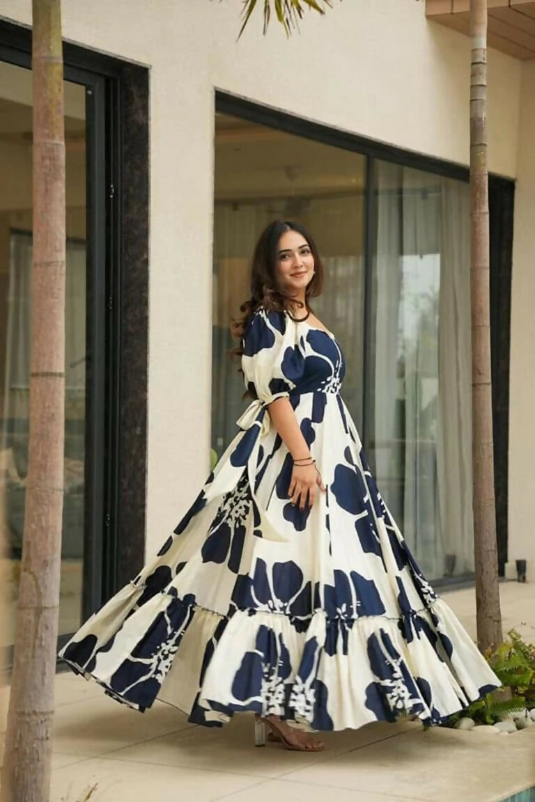 Aayaa Designer Cambric Cotton Printed Full Flaired Gown - Multi Color | Grocsy