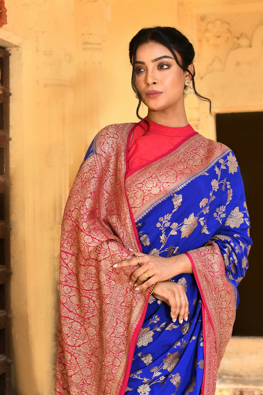 Joban Fashion Ink Blue Crepe Chiffon Pure Handloom Banarasi Silk Saree | Grocsy