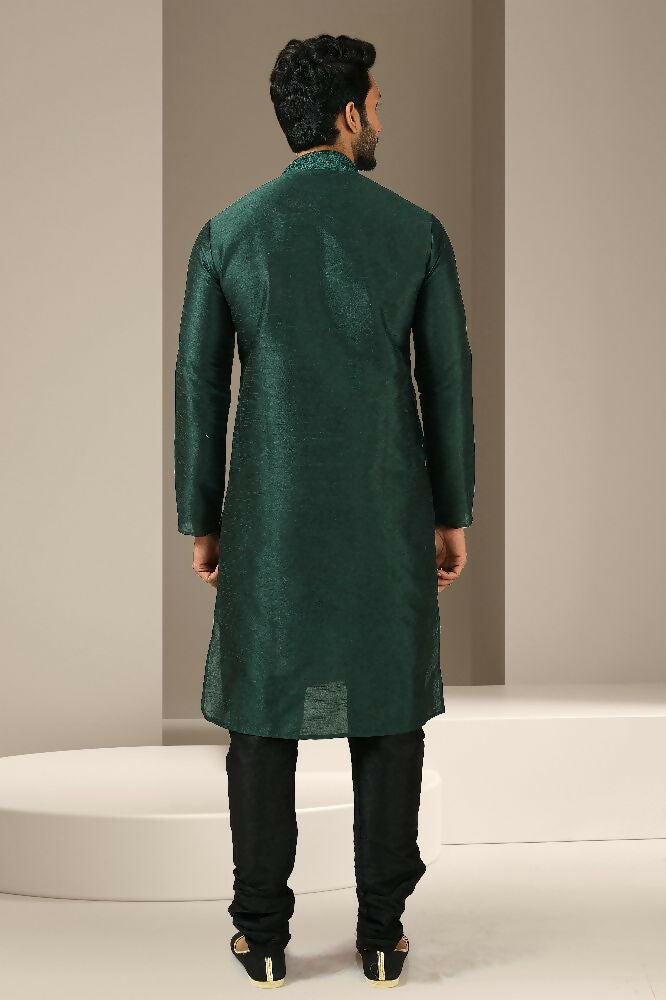 Raivat Ethnic Banarasi Art Silk Mirror Work Kurta Pajama In Dark Green Colour | Grocsy
