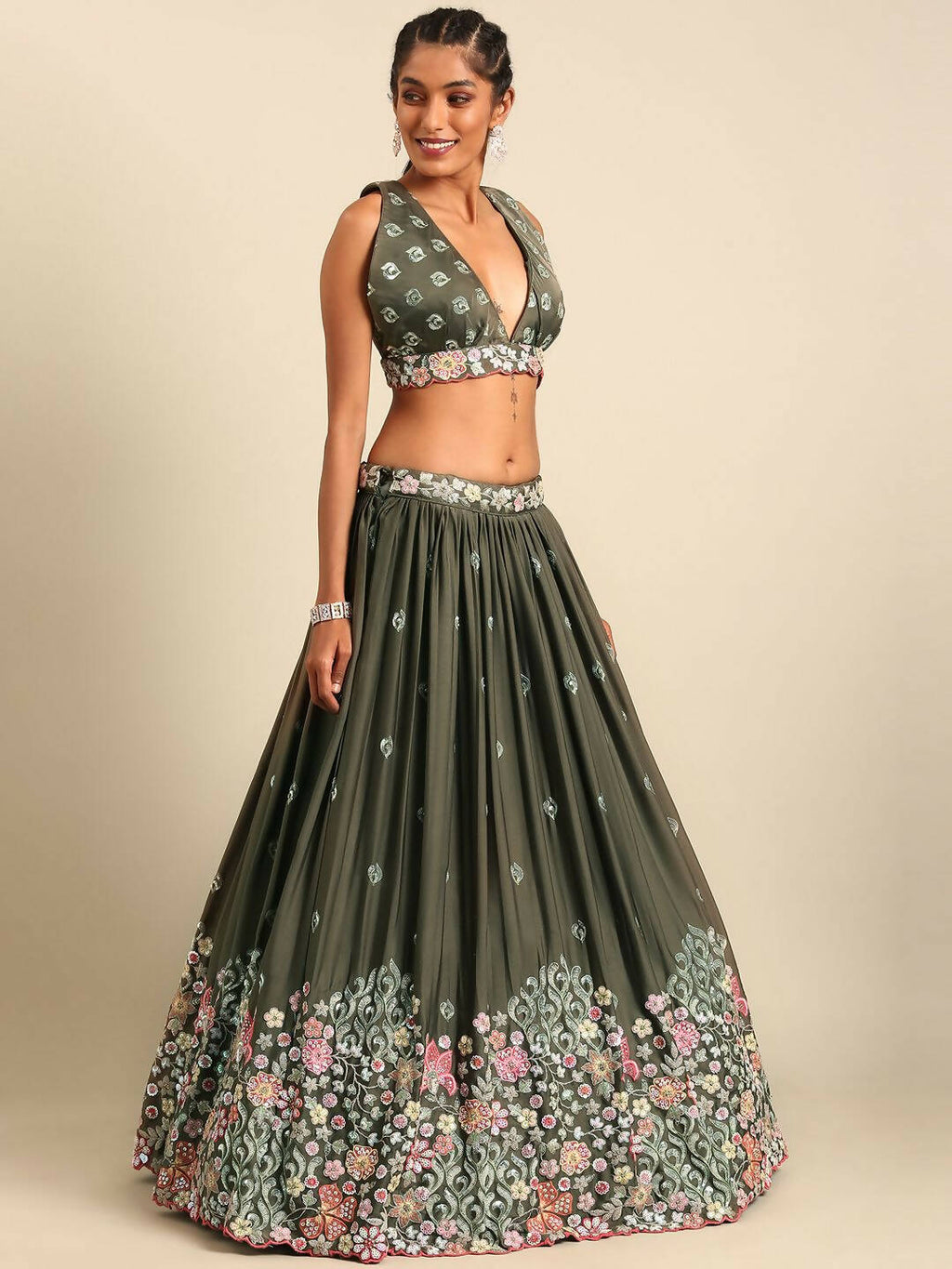 House of Panchhi Olive Chinon Sequins embroidery Lehenga choli & Dupatta | Grocsy
