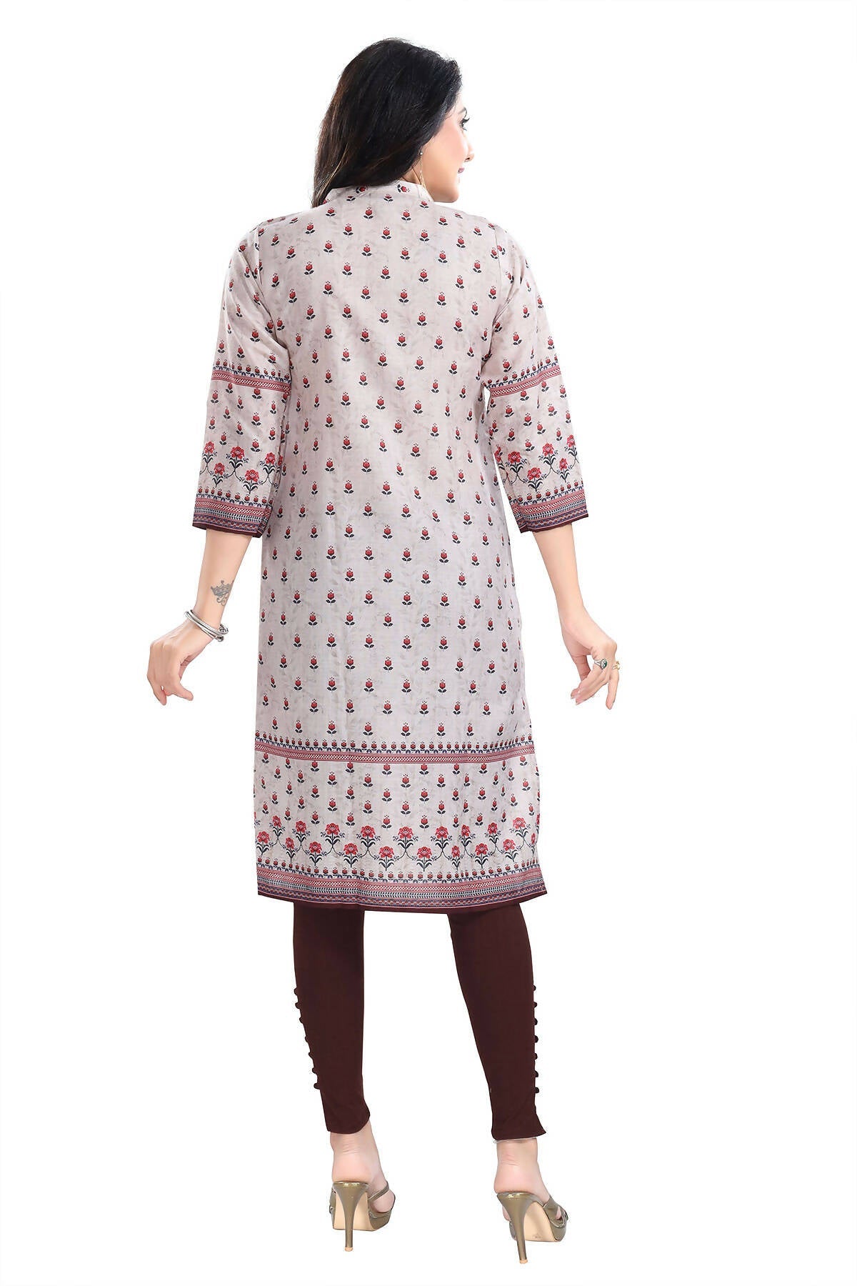 Snehal Creations Charming Cream Digital Print Cotton Slub Long Kurti Tunic | Grocsy