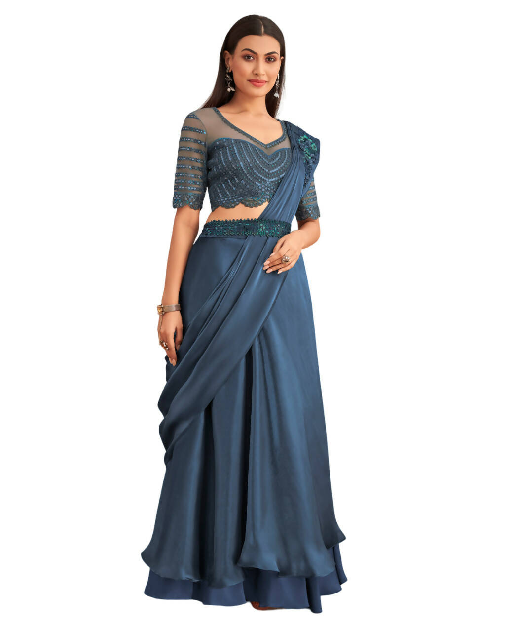 Navy Blue Satin Embroidered Ready To Wear Saree With Unstitched Blouse Piece - Nandika | Grocsy