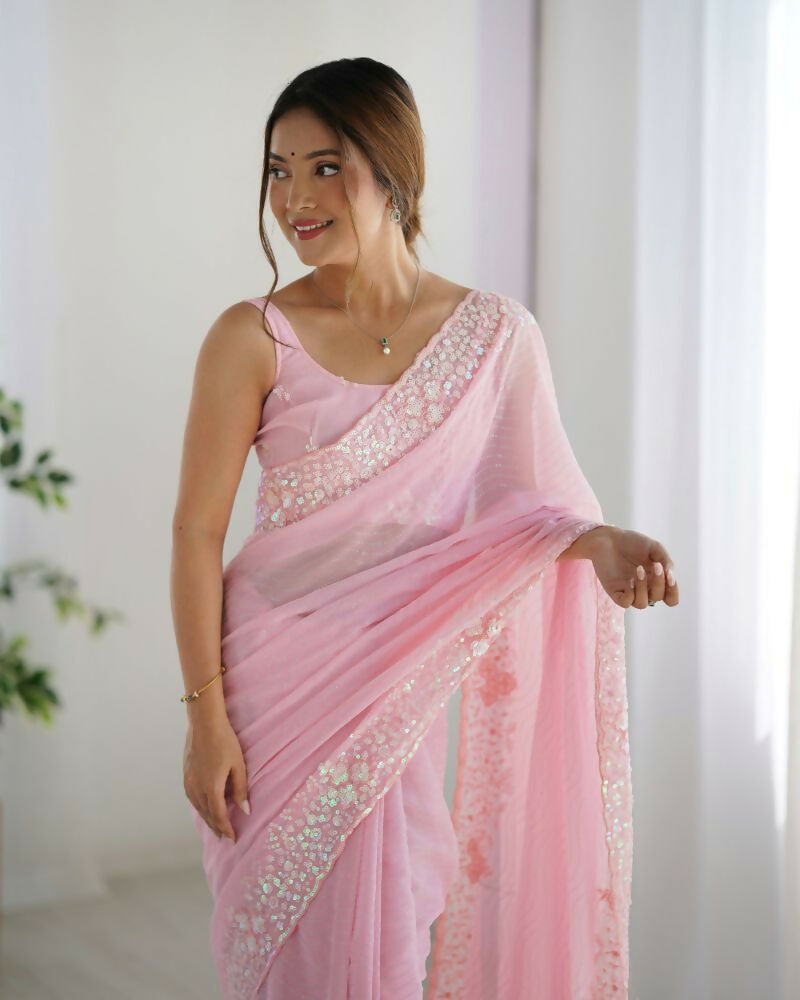 Georgette Designer Sequance Embroidery Work Party Wear Saree - Pink | Grocsy