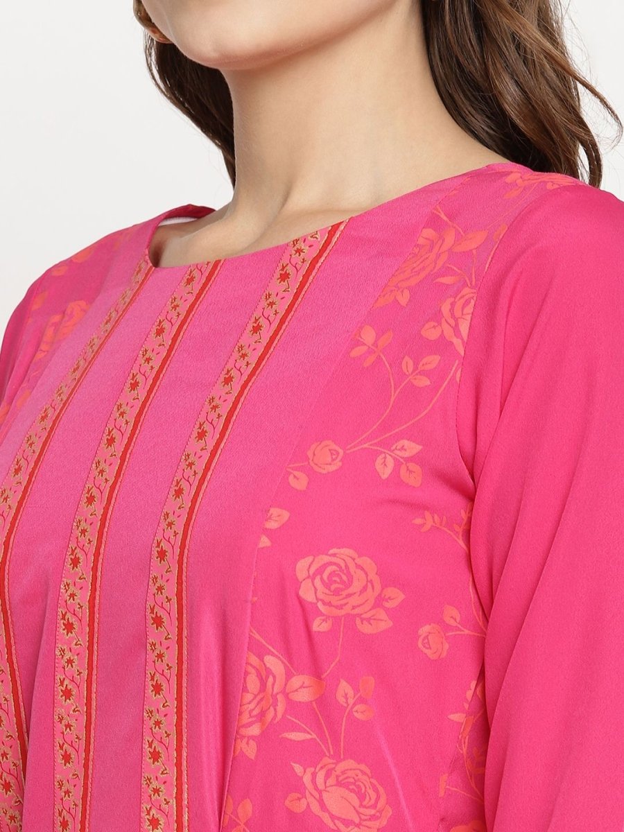 Ahalyaa Dark Pink Crepe Khari Print Dress For Women | Grocsy