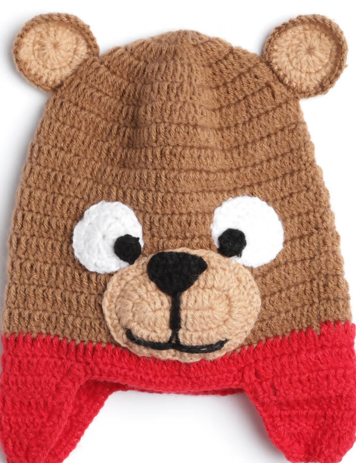 Chutput Kids Woollen Hand Knitted Bear Detail Cap - Brown | Grocsy