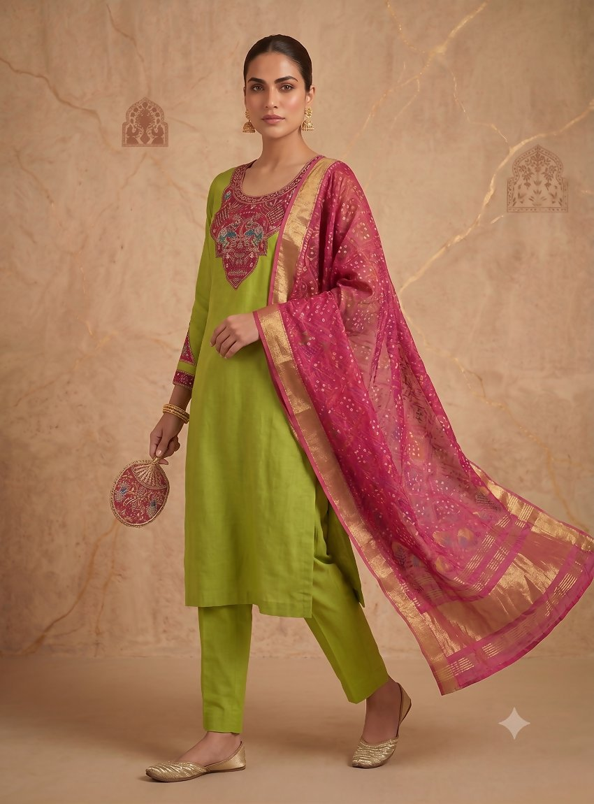 Teeya Creation Women Lime Green Embroidered Straight Kurta With Rani Pink Dupatta And Pant Set | Grocsy