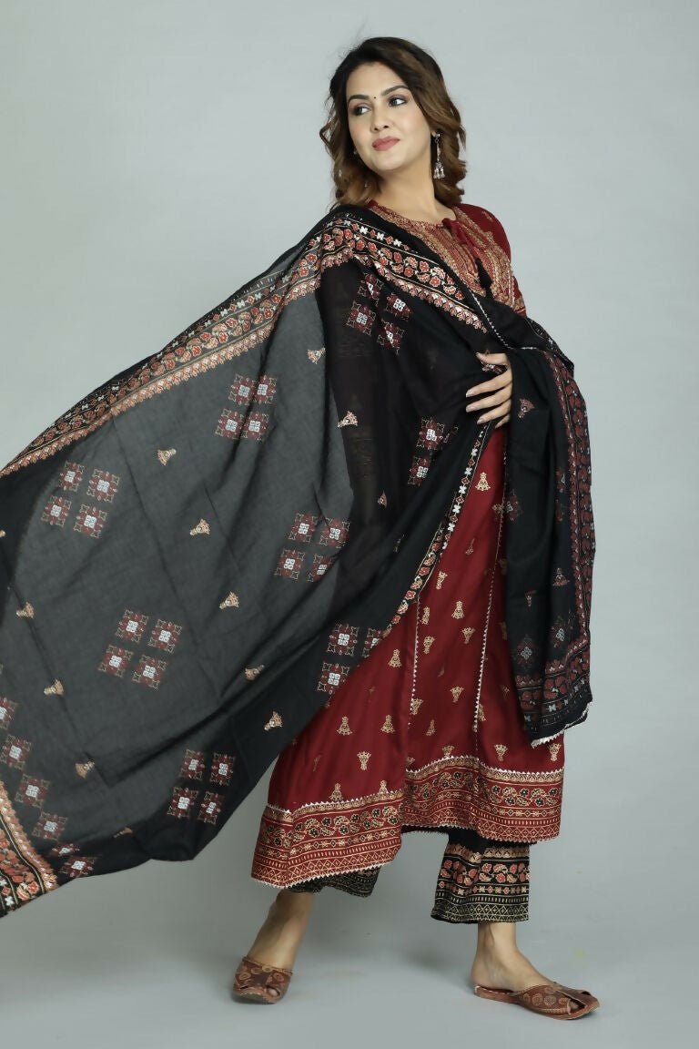 Alvano Women's Stylish Anarkali Kurti with Pant and Dupatta for Women and Girls (Maroon) | Grocsy