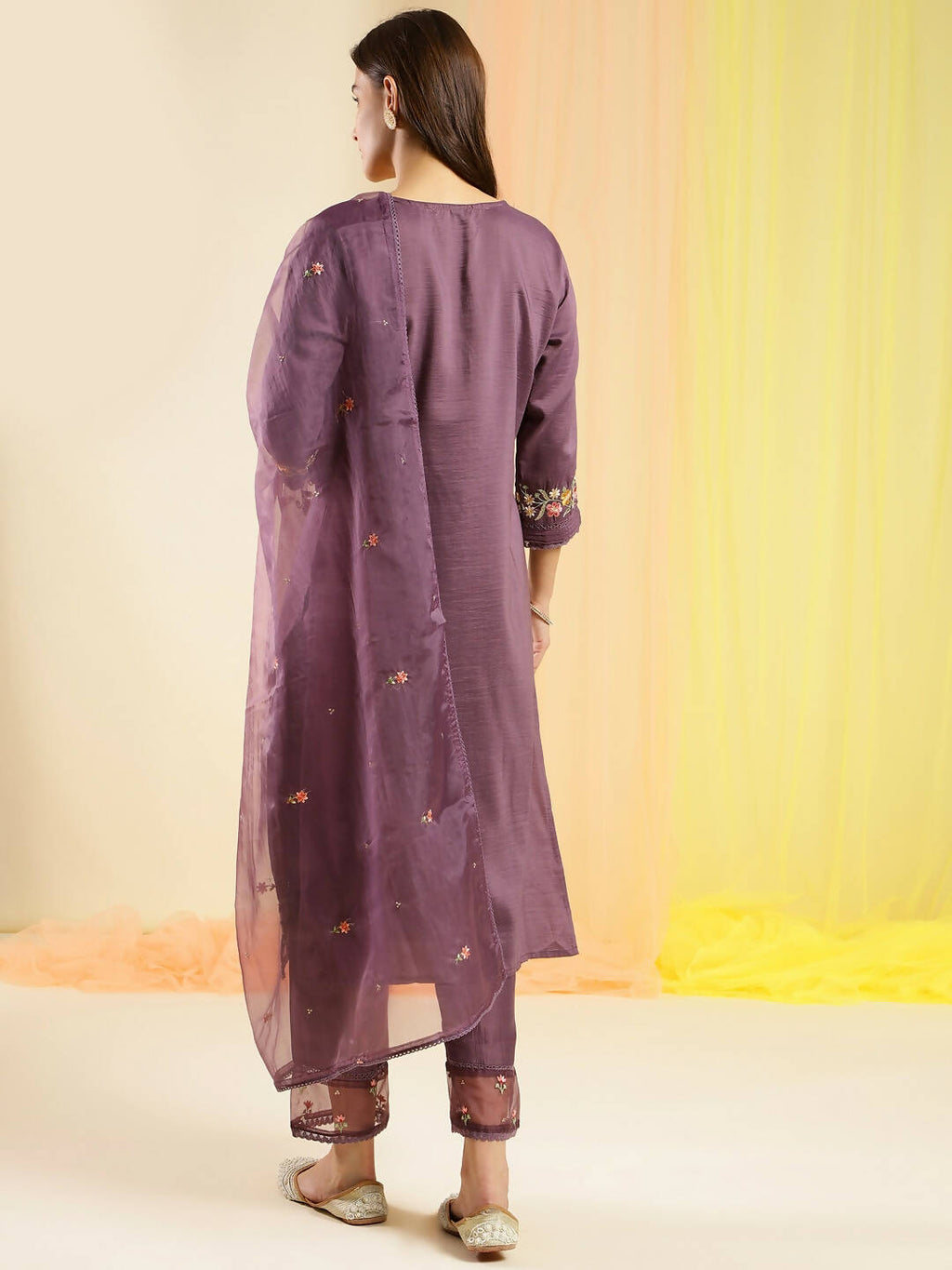 Wine Chinon Embroidered Straight Kurta with Trouser & Dupatta - Salimar | Grocsy