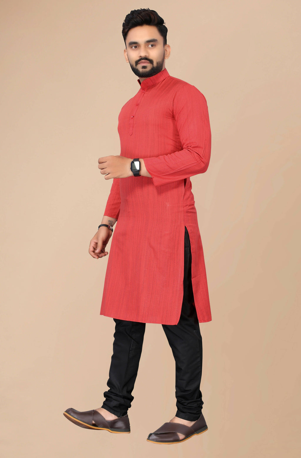 Men's Red Striped Cotton Kurta - Mahotsav | Grocsy