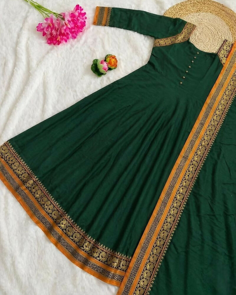 Teeya Creation New Trendy Stylish Green Solid Anarkali Kurta with Traditional Golden Border Dupatta Set | Grocsy