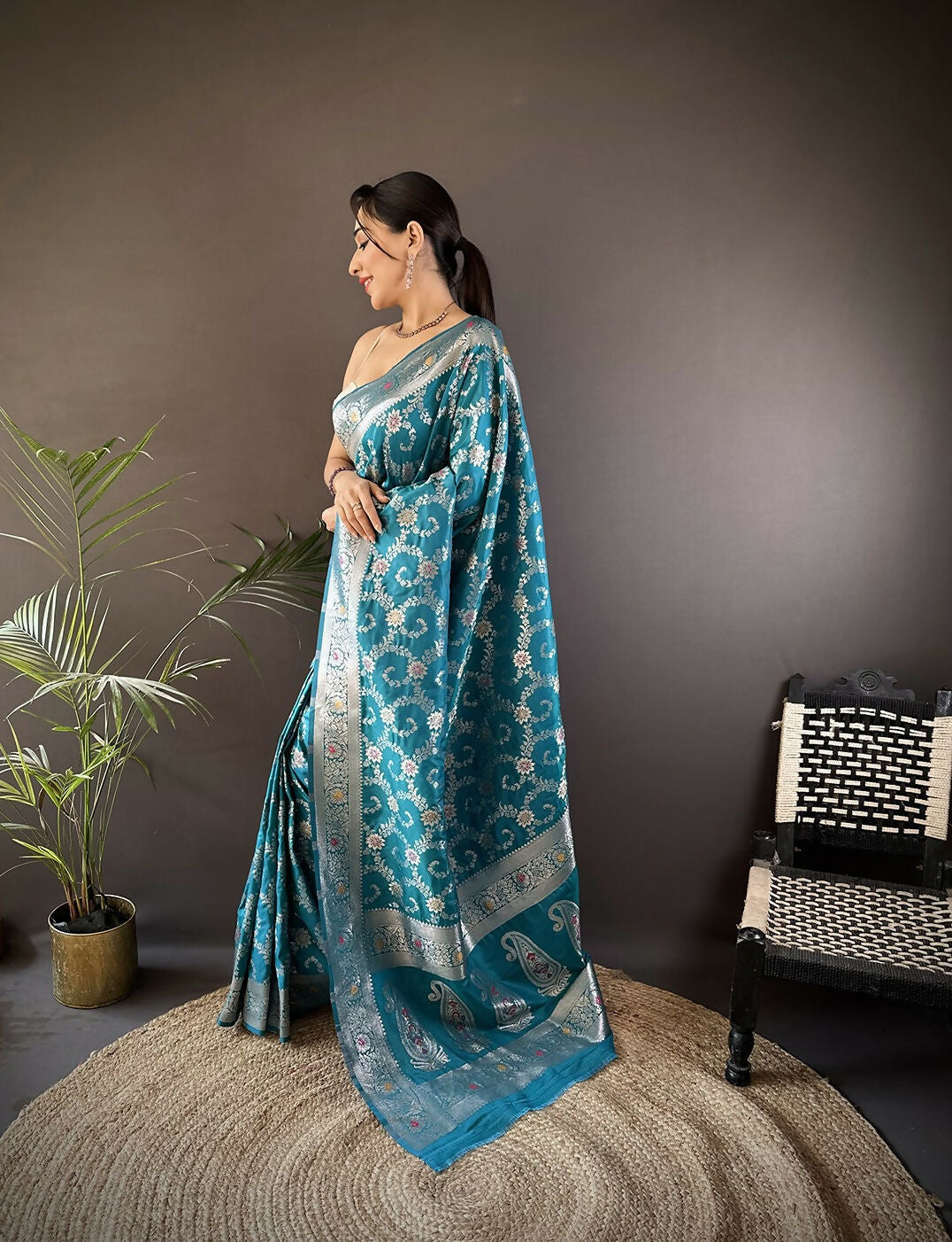 Joban Fashion Turquoise Meenakari Banarasi Silk Sarees | Grocsy