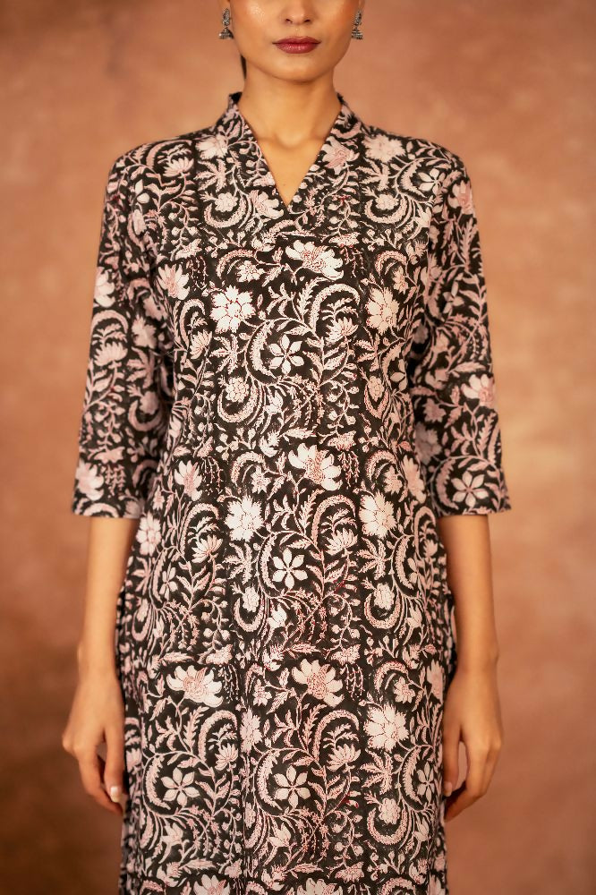 Joban Fashion Black Floral Hand Block Printed Cotton Kurta Pant Set | Grocsy
