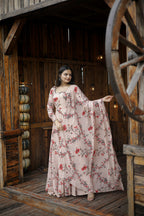 Aayaa Designer Printed Georgette Full Flare Gown With Dupatta - Multi Color | Grocsy