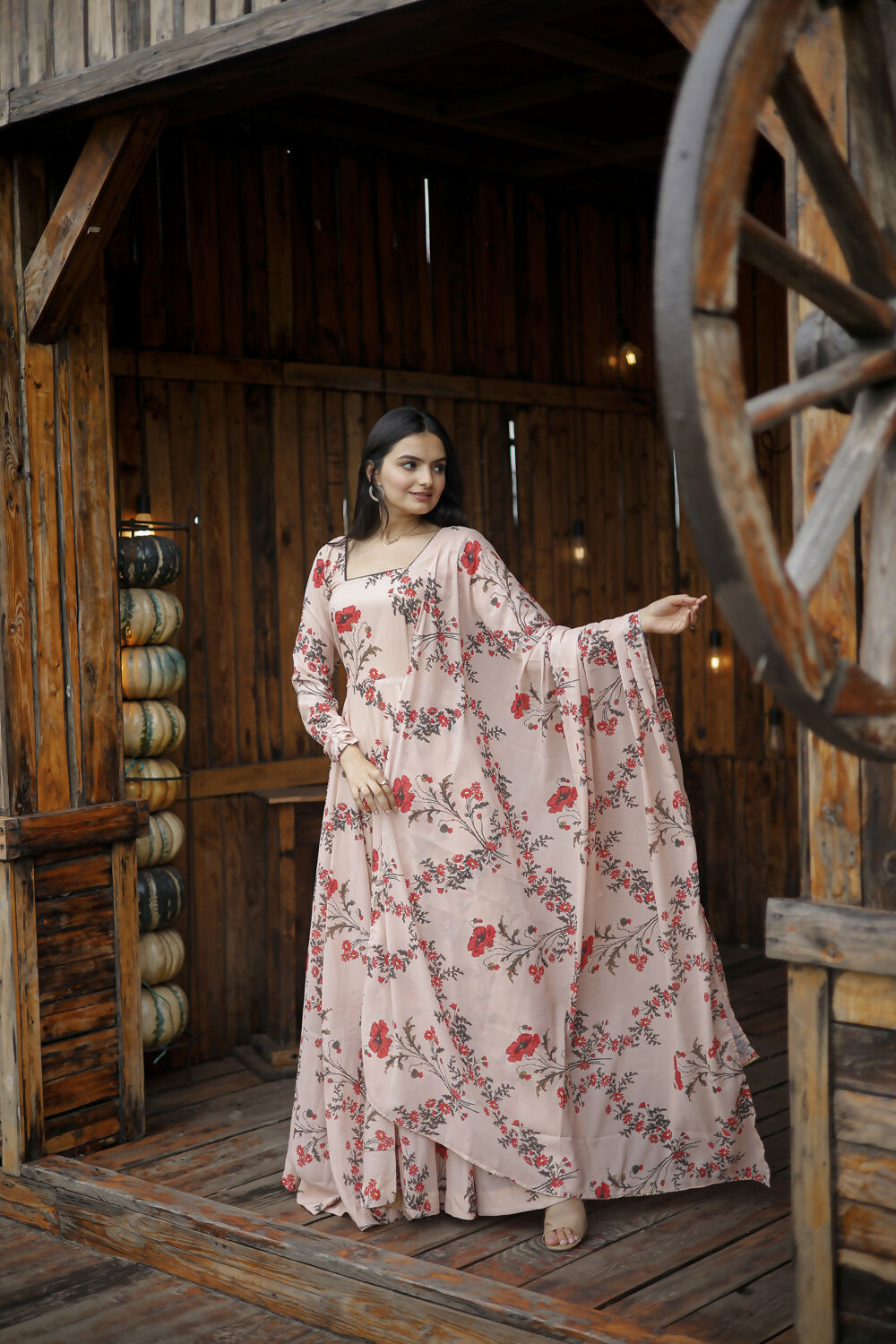 Aayaa Designer Printed Georgette Full Flare Gown With Dupatta - Multi Color | Grocsy