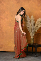 Very Much Indian Designer Mul Cotton Handloom Saree with Sequins - Dual Tone Red Green | Grocsy