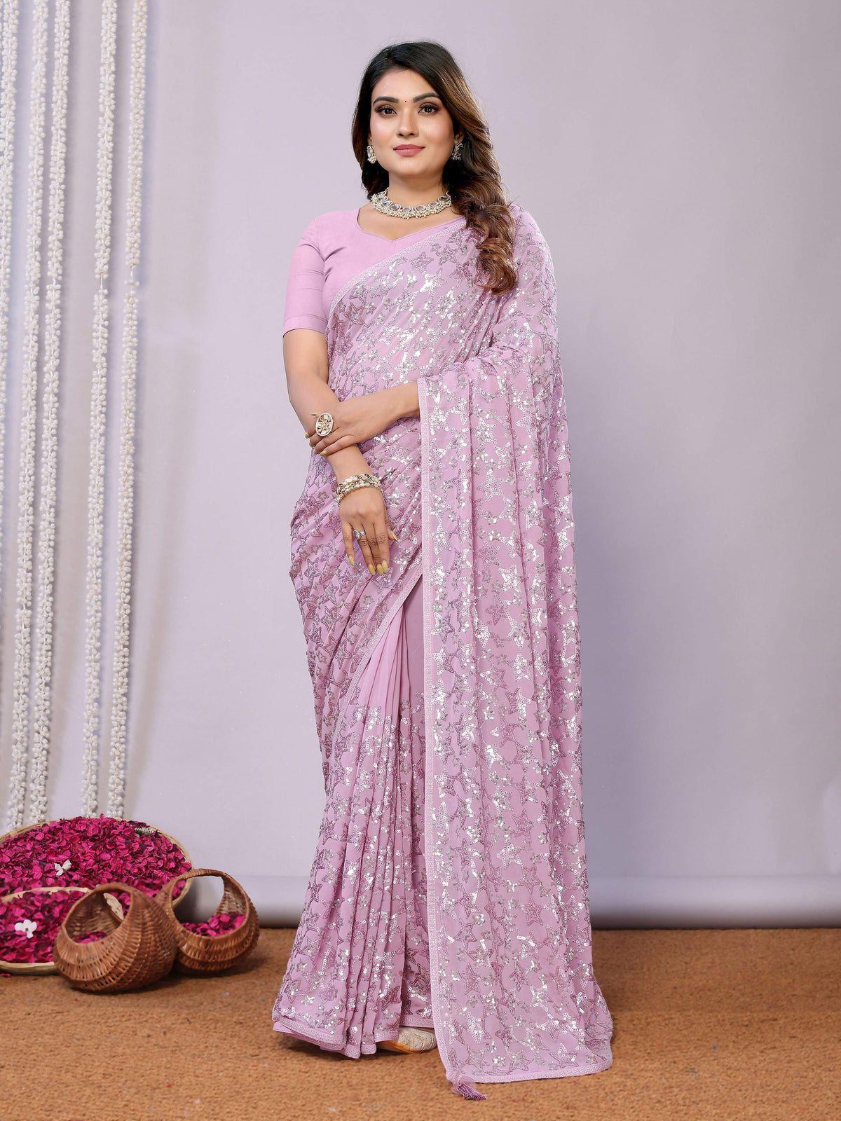 Pink Pure Georgette Embroidered Saree With Stitched Blouse - Nimaya Kaksha | Grocsy