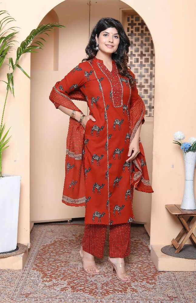 Miravan Womens Pure Cotton Animal Printed Straight Kurta With Palazzo & Dupatta Set | Grocsy