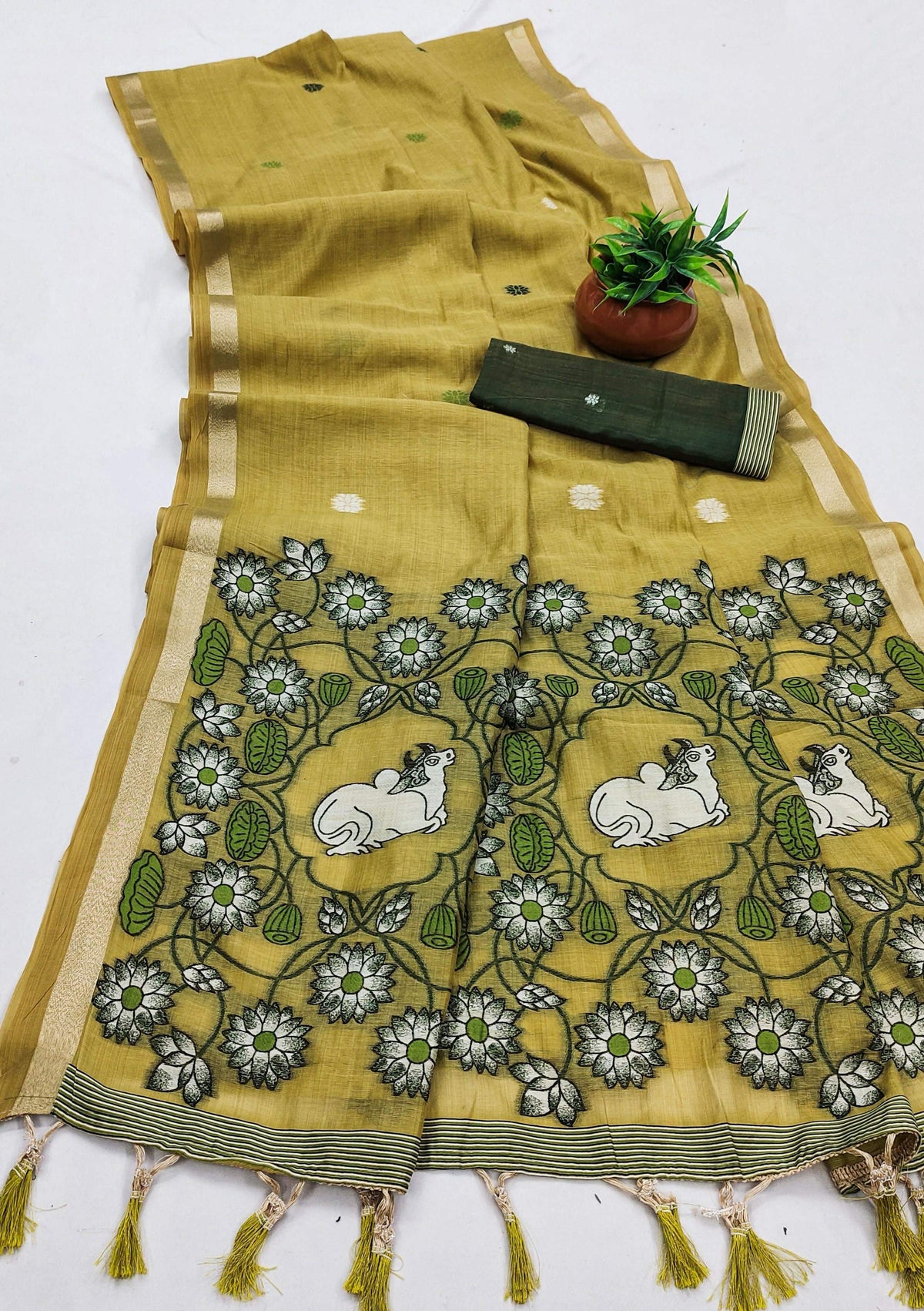 Vastranavya Yellow Muga Cotton Meenakari & Azarakh Pallu Saree with Contrast Blouse | Grocsy