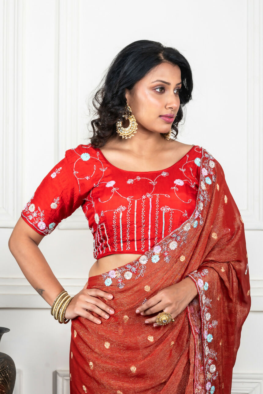 Morchari Rust Red Pure Chiffon Hand Embroidery Saree And Stitched Blouse | Grocsy