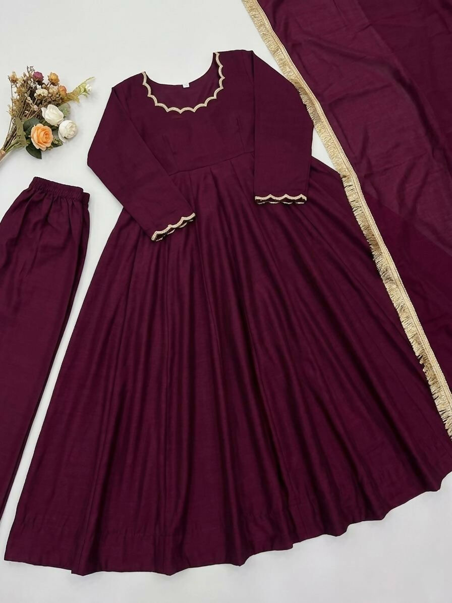 Teeya Creation Wine Solid Silk Blend Anarkali Suit With Pants And Dupatta | Grocsy