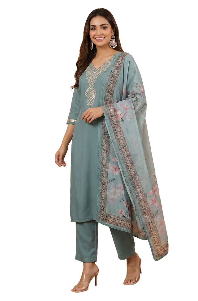 Janasya Sage Straight Rayon Top, Bottom & Dupatta | Grocsy