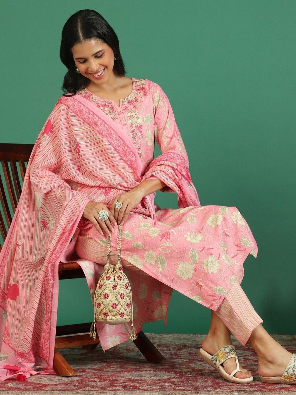 Sangria Floral Printed & Embroidered Kurta & Trouser With Dupatta | Grocsy